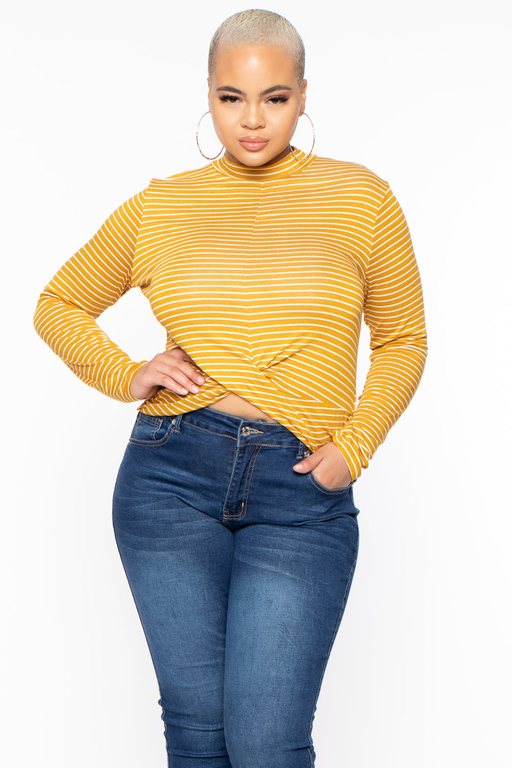 Plus Size Striped Twist-Hem Mock Neck Top - Mustard - Curvy Sense