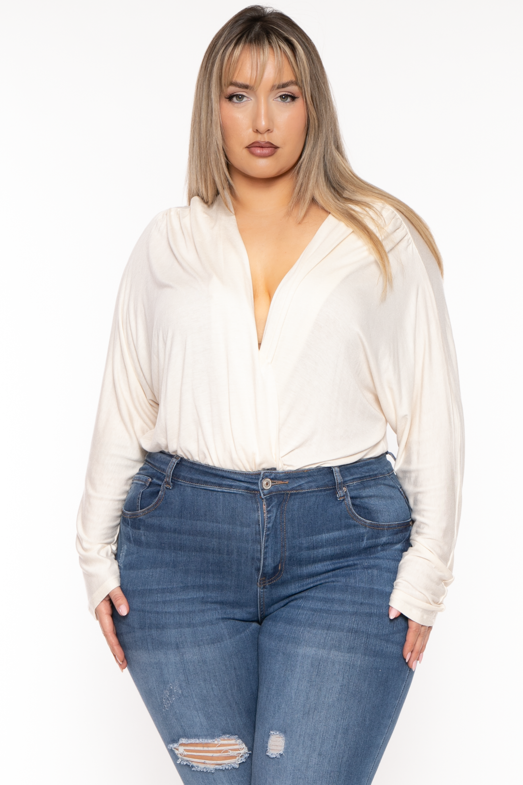 CULTURE CODE Tops 1X / Cream Plus Size Surplice Dolman Sleeve Bodysuit  - Cream