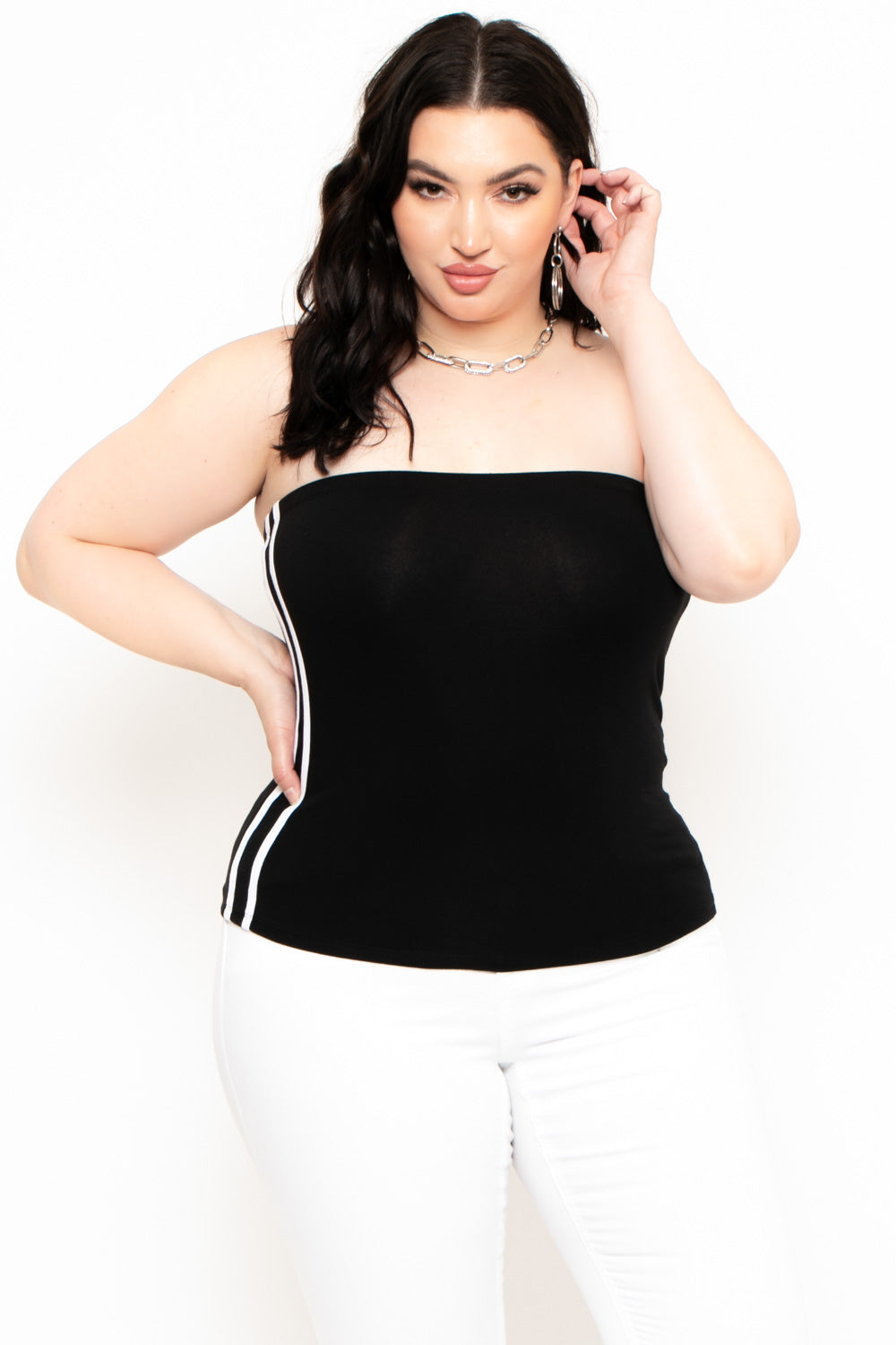 Plus Size Varsity Stripe Tube Top - Black - Curvy Sense