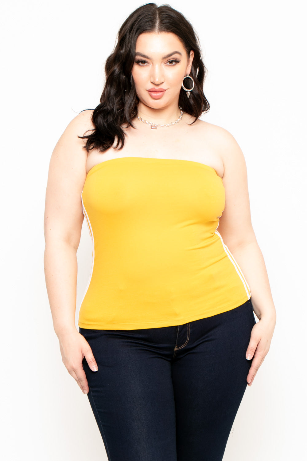 Plus Size Varsity Stripe Tube Top - Mustard - Curvy Sense