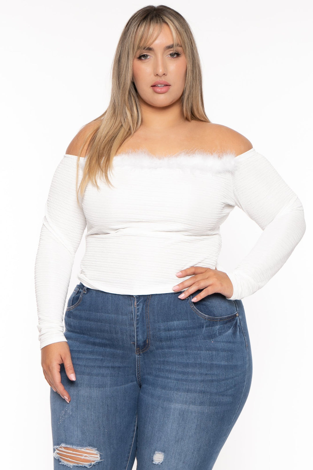 Curvy Sense Tops 1X / Ivory Plus Size Vivienn Boa Flare Top - Ivory